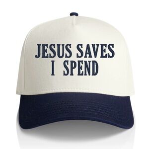 NWT Jesus Saves I Spend Trucker Hat Cream/Black